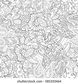 Tracery seamless calming pattern. Mehndi design. Ethnic monochrome binary doodle texture. Curved doodling black and white background. Vector.