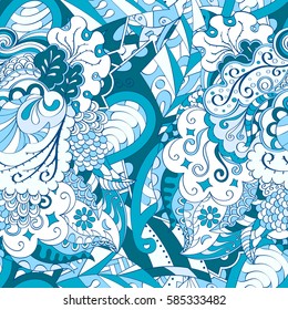Tracery seamless calming pattern. Mehndi design. Ethnic colorful doodle texture. Curved doodling background. Vector.