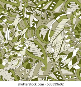Tracery seamless calming pattern. Mehndi design. Ethnic colorful doodle texture. Curved doodling background. Vector.
