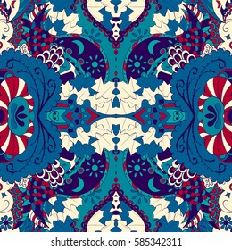 Tracery seamless calming pattern. Mehndi design. Ethnic colorful doodle texture. Curved doodling background. Vector.