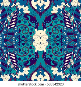 Tracery seamless calming pattern. Mehndi design. Ethnic colorful doodle texture. Curved doodling background. Vector.