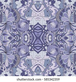 Tracery seamless calming pattern. Mehndi design. Ethnic colorful doodle texture. Curved doodling background. Vector.