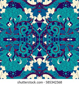 Tracery seamless calming pattern. Mehndi design. Ethnic colorful doodle texture. Curved doodling background. Vector.