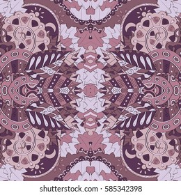 Tracery seamless calming pattern. Mehndi design. Ethnic colorful doodle texture. Curved doodling background. Vector.