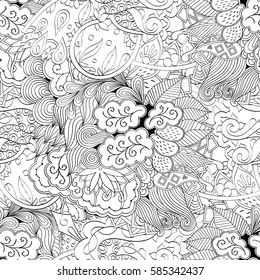 Tracery seamless calming pattern. Mehndi design. Ethnic monochrome binary doodle texture. Curved doodling black and white background. Vector.