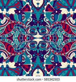 Tracery seamless calming pattern. Mehndi design. Ethnic colorful doodle texture. Curved doodling background. Vector.