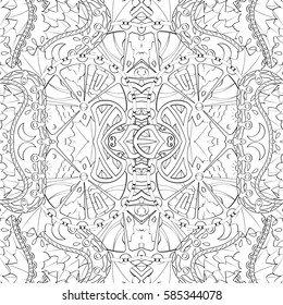 Tracery seamless calming pattern. Mehndi design. Ethnic monochrome binary doodle texture. Curved doodling black and white background. Vector.