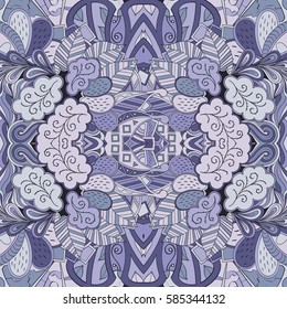 Tracery seamless calming pattern. Mehndi design. Ethnic colorful doodle texture. Curved doodling background. Vector.
