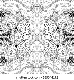 Tracery seamless calming pattern. Mehndi design. Ethnic monochrome binary doodle texture. Curved doodling black and white background. Vector.