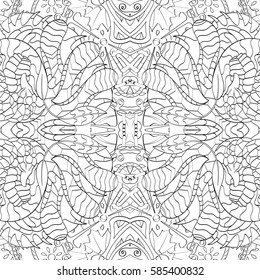 Tracery seamless calming pattern. Mehndi design. Ethnic monochrome binary doodle texture. Curved doodling black and white background. Vector.
