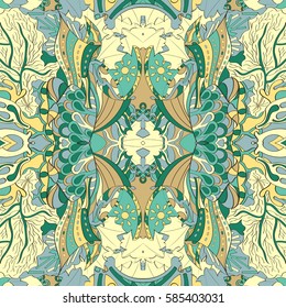 Tracery seamless calming pattern. Mehndi design. Ethnic colorful doodle texture. Curved doodling background. Vector.