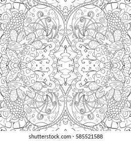 Tracery seamless calming pattern. Mehndi design. Ethnic monochrome binary doodle texture. Curved doodling black and white background. Vector.