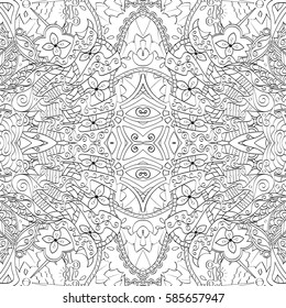 Tracery seamless calming pattern. Mehndi design. Ethnic monochrome binary doodle texture. Curved doodling black and white background. Vector.