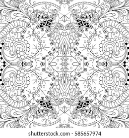 Tracery seamless calming pattern. Mehndi design. Ethnic monochrome binary doodle texture. Curved doodling black and white background. Vector.