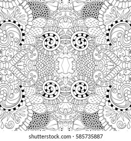 Tracery seamless calming pattern. Mehndi design. Ethnic monochrome binary doodle texture. Curved doodling black and white background. Vector.