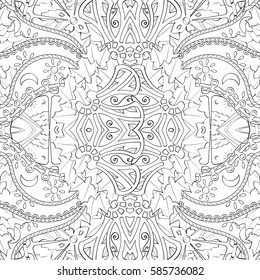 Tracery seamless calming pattern. Mehndi design. Ethnic monochrome binary doodle texture. Curved doodling black and white background. Vector.