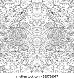 Tracery seamless calming pattern. Mehndi design. Ethnic monochrome binary doodle texture. Curved doodling black and white background. Vector.