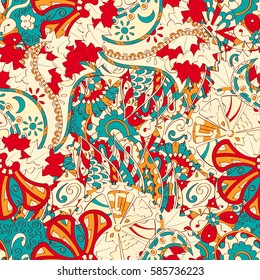 Tracery seamless calming pattern. Mehndi design. Ethnic colorful doodle texture. Curved doodling background. Vector.