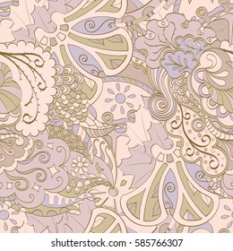 Tracery seamless calming pattern. Mehndi design. Ethnic colorful doodle texture. Curved doodling background. Vector.