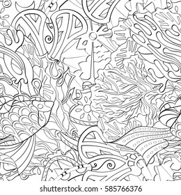 Tracery seamless calming pattern. Mehndi design. Ethnic monochrome binary doodle texture. Curved doodling black and white background. Vector.