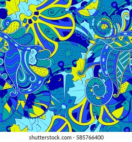 Tracery seamless calming pattern. Mehndi design. Ethnic colorful doodle texture. Curved doodling background. Vector.