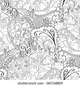 Tracery seamless calming pattern. Mehndi design. Ethnic monochrome binary doodle texture. Curved doodling black and white background. Vector.