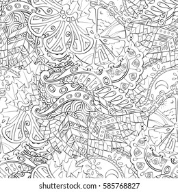 Tracery seamless calming pattern. Mehndi design. Ethnic monochrome binary doodle texture. Curved doodling black and white background. Vector.