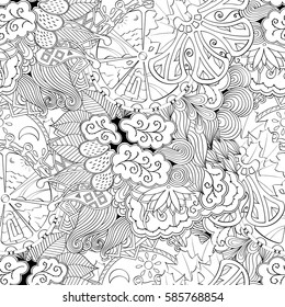 Tracery seamless calming pattern. Mehndi design. Ethnic monochrome binary doodle texture. Curved doodling black and white background. Vector.