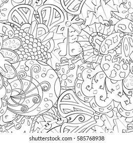 Tracery seamless calming pattern. Mehndi design. Ethnic monochrome binary doodle texture. Curved doodling black and white background. Vector.