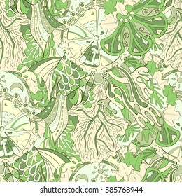 Tracery seamless calming pattern. Mehndi design. Ethnic colorful doodle texture. Curved doodling background. Vector.