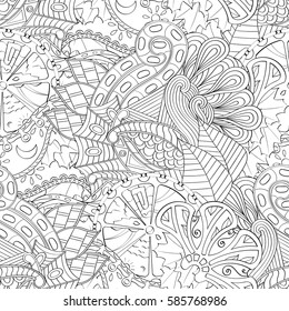 Tracery seamless calming pattern. Mehndi design. Ethnic monochrome binary doodle texture. Curved doodling black and white background. Vector.
