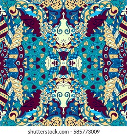 Tracery seamless calming pattern. Mehndi design. Ethnic colorful doodle texture. Curved doodling background. Vector.