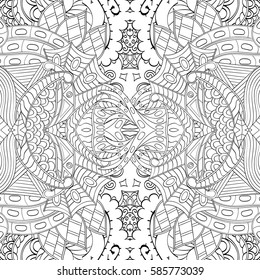 Tracery seamless calming pattern. Mehndi design. Ethnic monochrome binary doodle texture. Curved doodling black and white background. Vector.