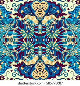 Tracery seamless calming pattern. Mehndi design. Ethnic colorful doodle texture. Curved doodling background. Vector.