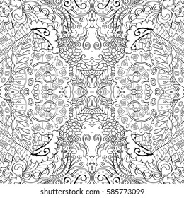 Tracery seamless calming pattern. Mehndi design. Ethnic monochrome binary doodle texture. Curved doodling black and white background. Vector.