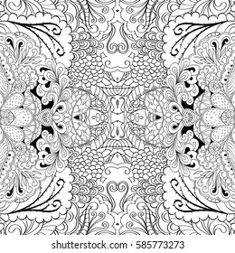 Tracery seamless calming pattern. Mehndi design. Ethnic monochrome binary doodle texture. Curved doodling black and white background. Vector.