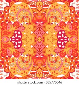 Tracery seamless calming pattern. Mehndi design. Ethnic colorful doodle texture. Curved doodling background. Vector.