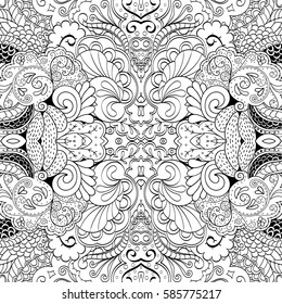 Tracery seamless calming pattern. Mehndi design. Ethnic monochrome binary doodle texture. Curved doodling black and white background. Vector.