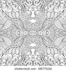 Tracery seamless calming pattern. Mehndi design. Ethnic monochrome binary doodle texture. Curved doodling black and white background. Vector.