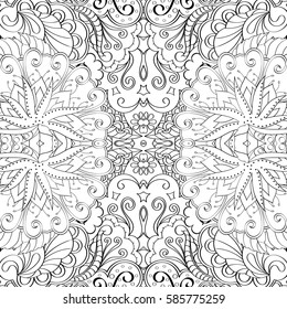 Tracery seamless calming pattern. Mehndi design. Ethnic monochrome binary doodle texture. Curved doodling black and white background. Vector.