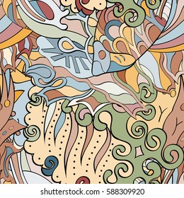 Tracery seamless calming pattern. Mehndi design. Ethnic colorful doodle texture. Curved doodling background. Vector.