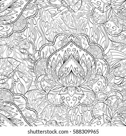 Tracery seamless calming pattern. Mehndi design. Ethnic monochrome binary doodle texture. Curved doodling black and white background. Vector.