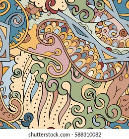 Tracery seamless calming pattern. Mehndi design. Ethnic colorful doodle texture. Curved doodling background. Vector.