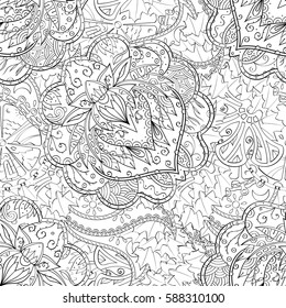 Tracery seamless calming pattern. Mehndi design. Ethnic monochrome binary doodle texture. Curved doodling black and white background. Vector.