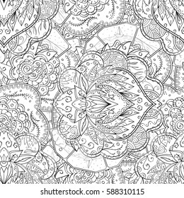 Tracery seamless calming pattern. Mehndi design. Ethnic monochrome binary doodle texture. Curved doodling black and white background. Vector.