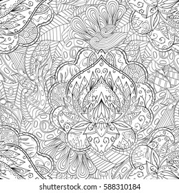 Tracery seamless calming pattern. Mehndi design. Ethnic monochrome binary doodle texture. Curved doodling black and white background. Vector.
