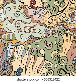 Tracery seamless calming pattern. Mehndi design. Ethnic colorful doodle texture. Curved doodling background. Vector.