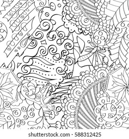 Tracery seamless calming pattern. Mehndi design. Ethnic monochrome binary doodle texture. Curved doodling black and white background. Vector.