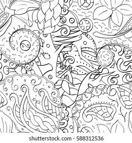 Tracery seamless calming pattern. Mehndi design. Ethnic monochrome binary doodle texture. Curved doodling black and white background. Vector.