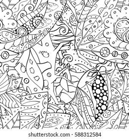 Tracery seamless calming pattern. Mehndi design. Ethnic monochrome binary doodle texture. Curved doodling black and white background. Vector.